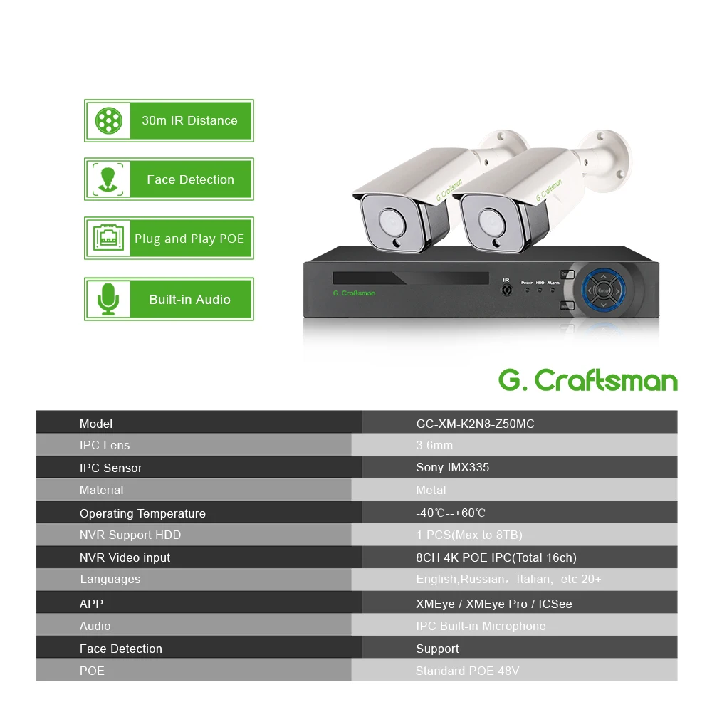 G.Craftsman 2CH XMeye 6MP POE CCTV Kit,SONY 20fps,Face Detection, AI Video Surveillance, Audio, Onvif NVR Security System