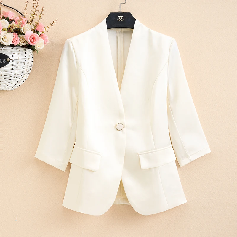 

White Slim Fit Suit Jacket Women's Thin Style Spring Summer New High Waist Inward Thin Satin Short Sleeve One Button up Top