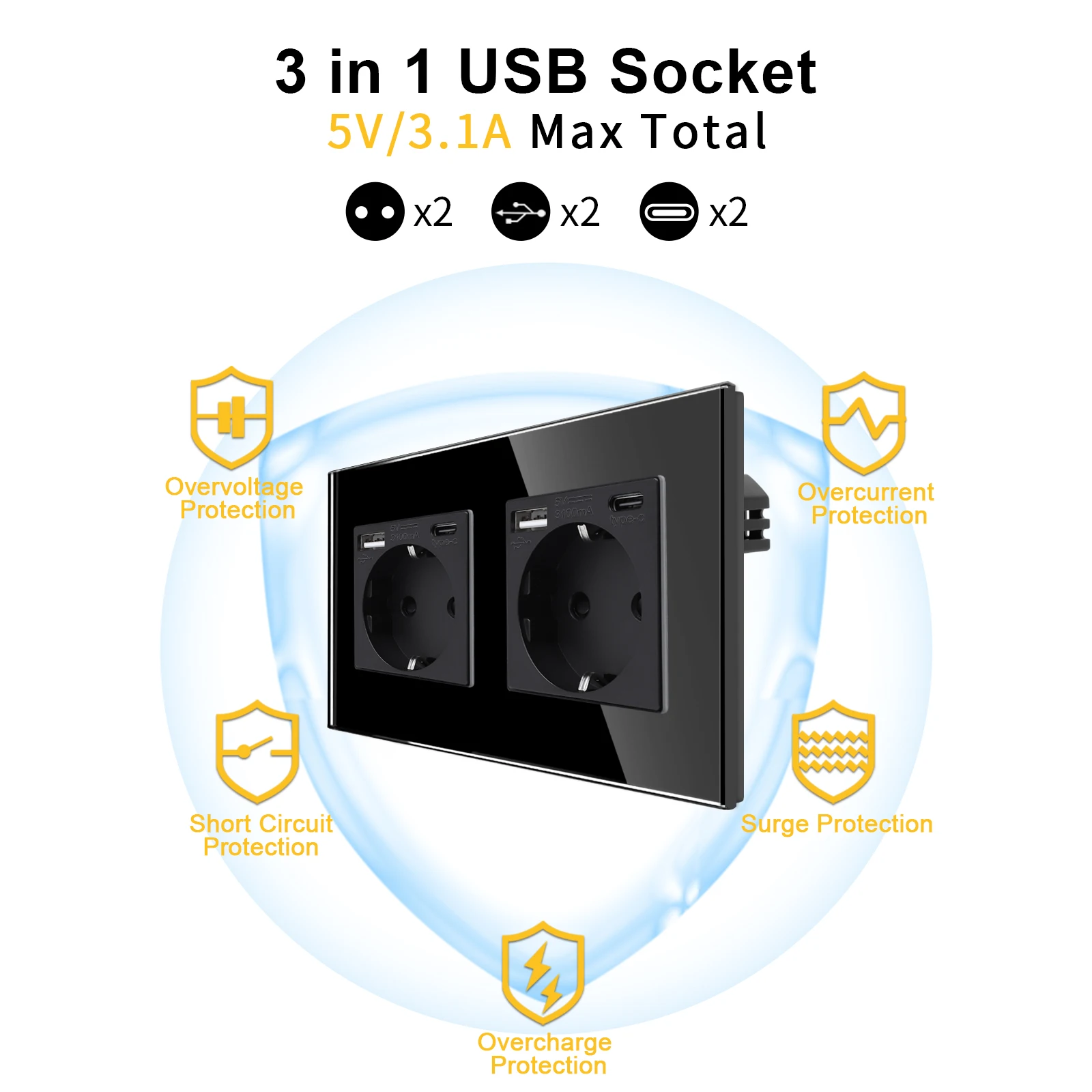 Bingoelec EU Power Socket Electrical Outlets with USB Type-C Phone Fast Charger Port 3.1A 20W Wall Schuko Crystal Glass Panel