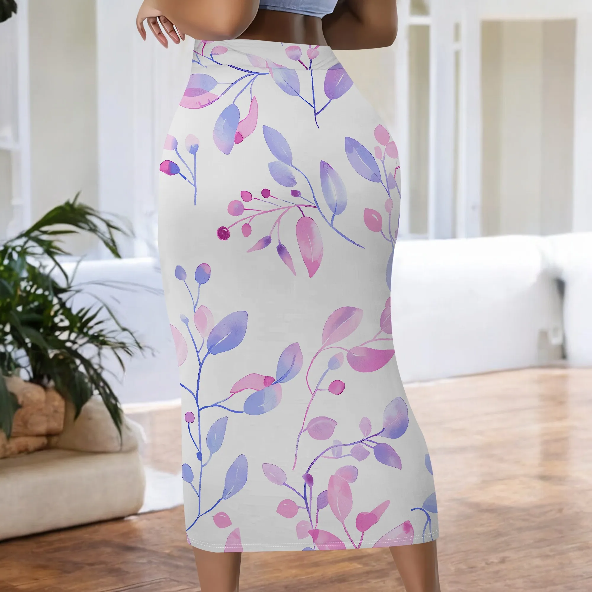 Aquarell-Blumen-Midirock, lila-rosa Blätter-Print, Bleistiftrock mit elastischem Bund, Büro- und Partykleidung, S-2XL – Detail 6