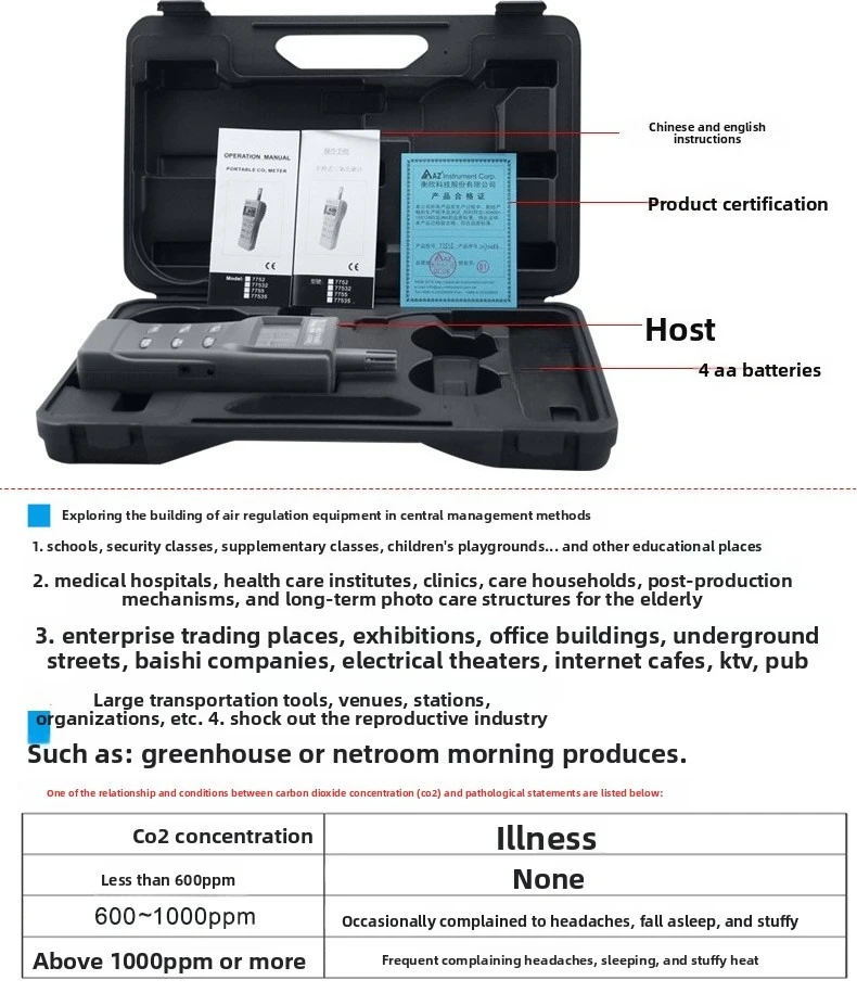 كاشف ثاني أكسيد الكربون AZ77535 يده درجة الحرارة والرطوبة نقطة الندى المحمولة CO2 اختبار تركيز الغاز #4