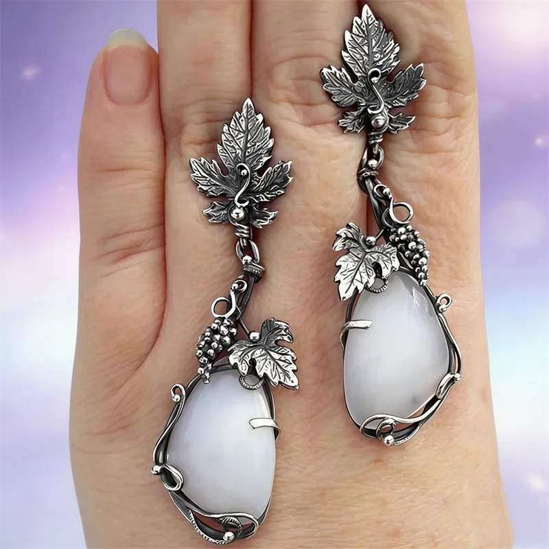 Vintage Water Droplets White Stone Earrings Silver Color Metal Carved Leaves Long Dangle Earrings for Women Jewelry