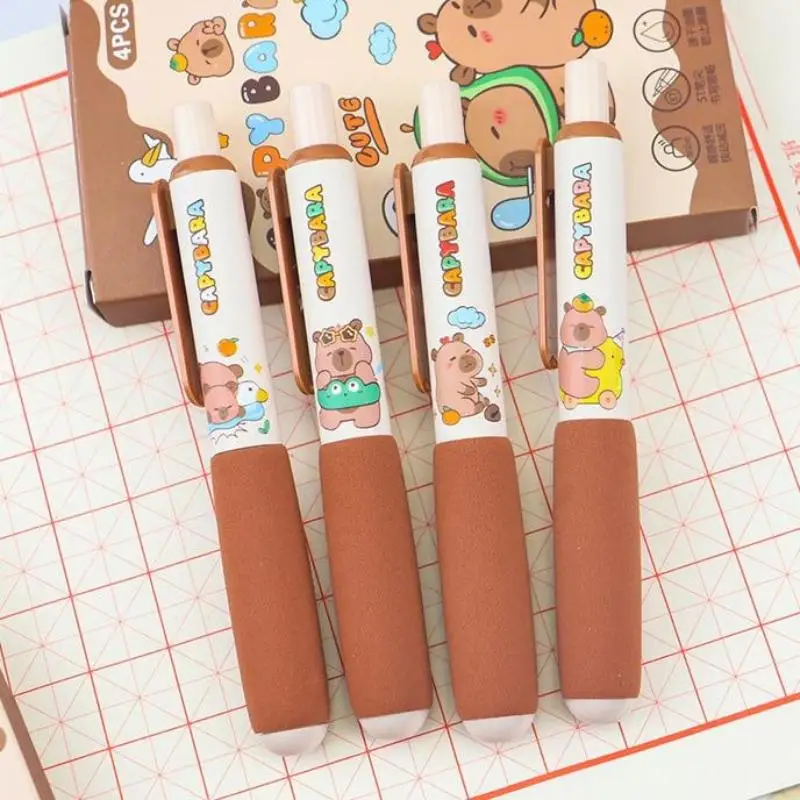 4 szt. długopisów żelowych z kapibarą, miękki uchwyt gąbkowy, szybkoschnące długopisy żelowe, zestaw artykułów biurowych i szkolnych, kawaii, artykuły papiernicze dla uczniów