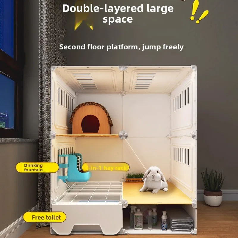 #Panoramic Double Layer Rabbit Cage Large Indoor Bunny Habitat with Toilet Luxury Pet Villa for Rabbits Spacious Hutch with Tray