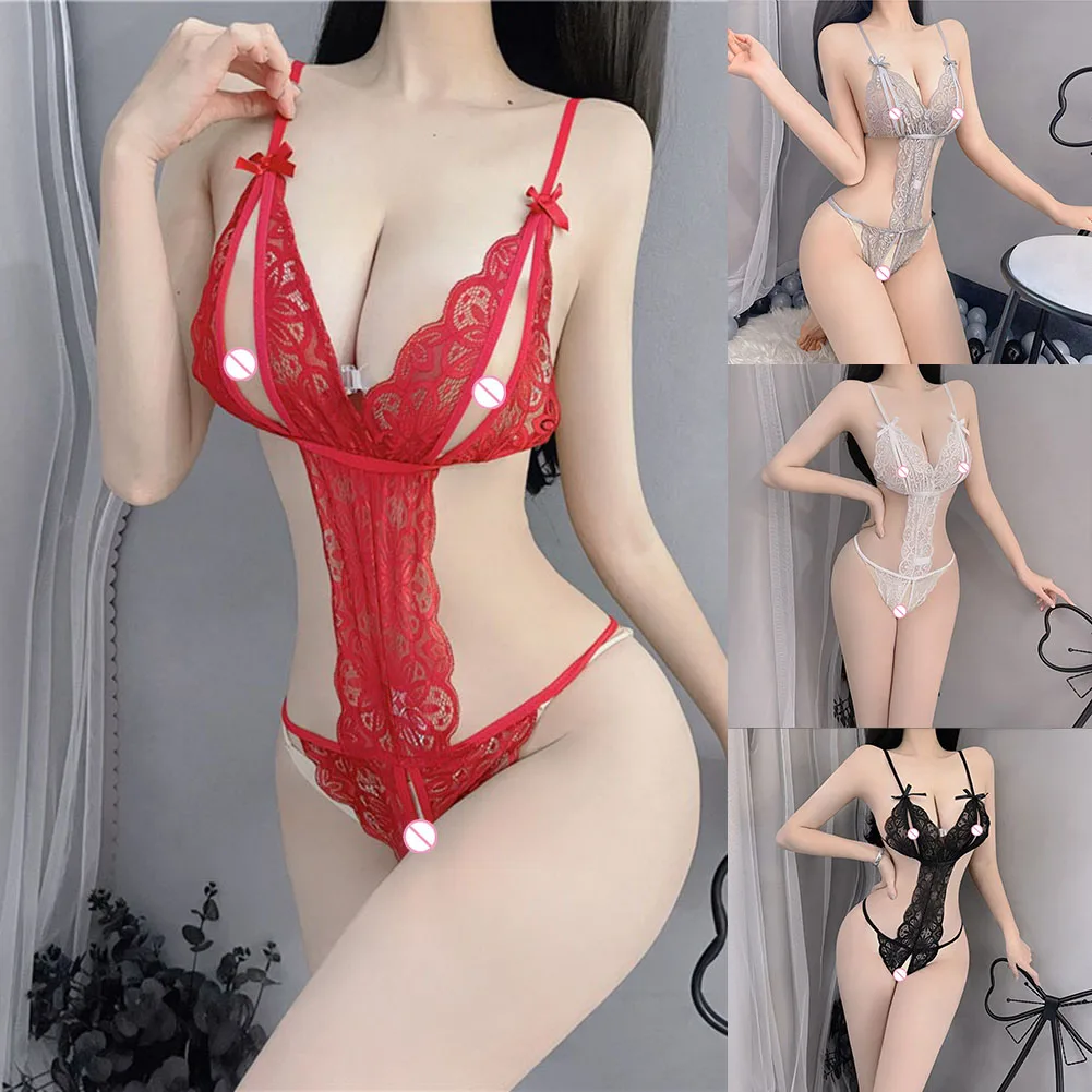 Women Sexy Lingerie Bodysuit Lace Crotchless Hollow Bra Sets Erotic Bow Porn Underwear Open Crotch See-through Erotic Sleepwear 