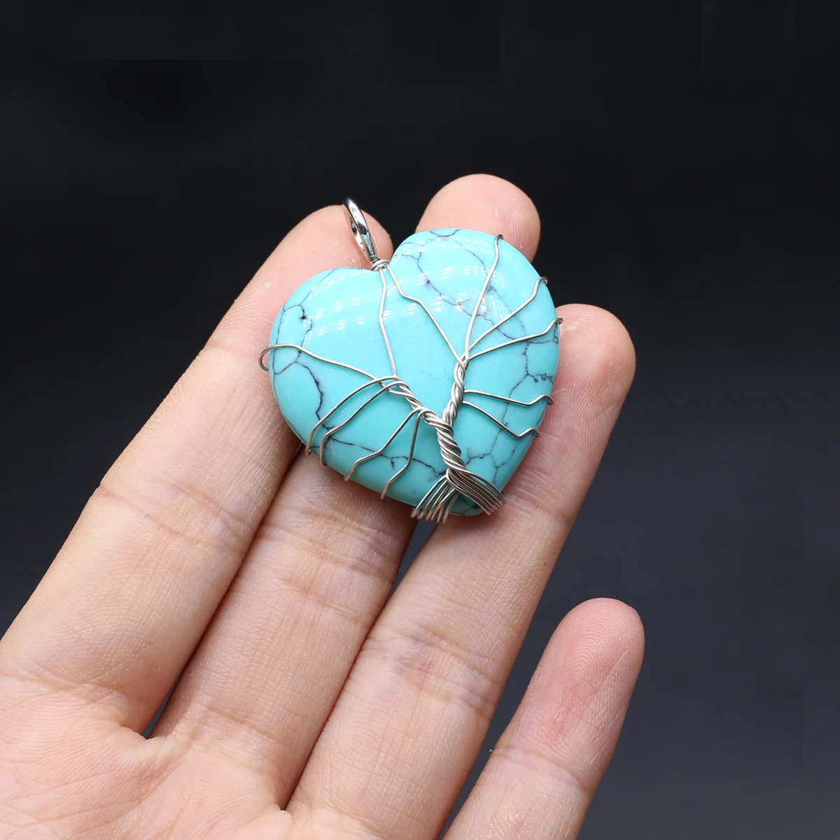 6PCS Natural Stone Heart shaped Gold Thread Wrapped Life Tree Weaving Pendant Jewelry Making DIY Necklace Accessories Gift