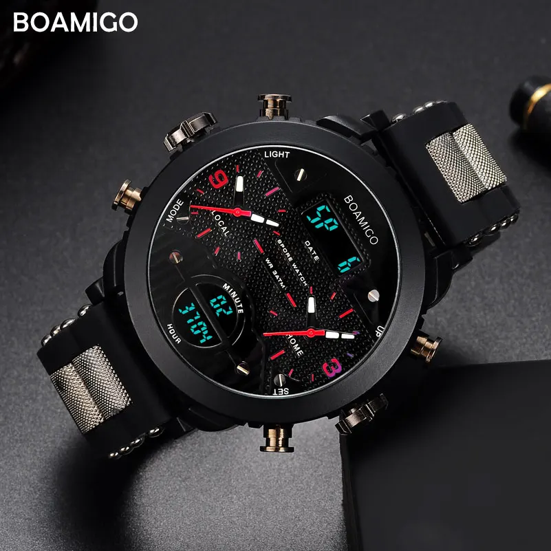 men watches BOAMIGO brand 3 time zone military sports watches male LED digital quartz wristwatches gift box relogio masculino