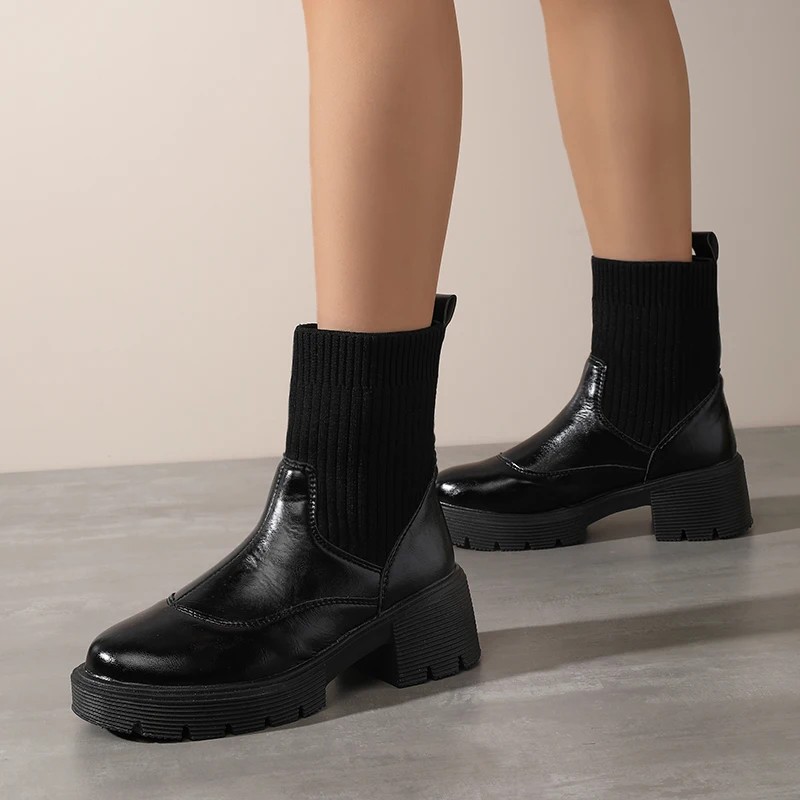 2025 Botas forradas de lana ajustadas a media pantorrilla de invierno populares para mujer, botas de calcetín elástico, botas de moda de tacón grueso