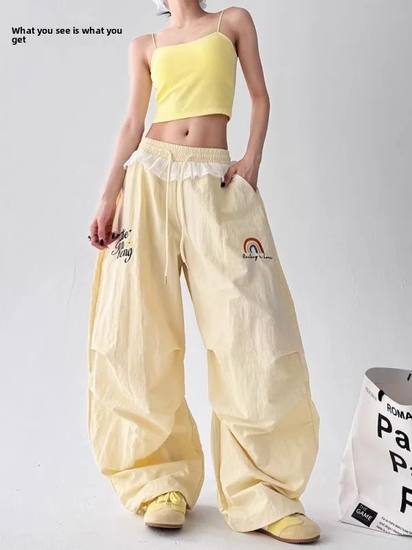 

American Retro Patchwork Wide Leg Pants Casual Sports Women's Loose Fit Summer New Korean Style High Waist Trousers