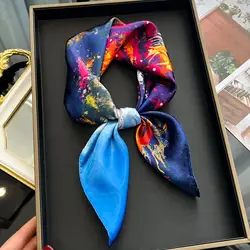 Luxury Silk Hair Square Scarf Women Satin Neck Tie Hand Wrist Foulard Summer Print Shawl Wraps Head Kerchief Hijab Bandana New