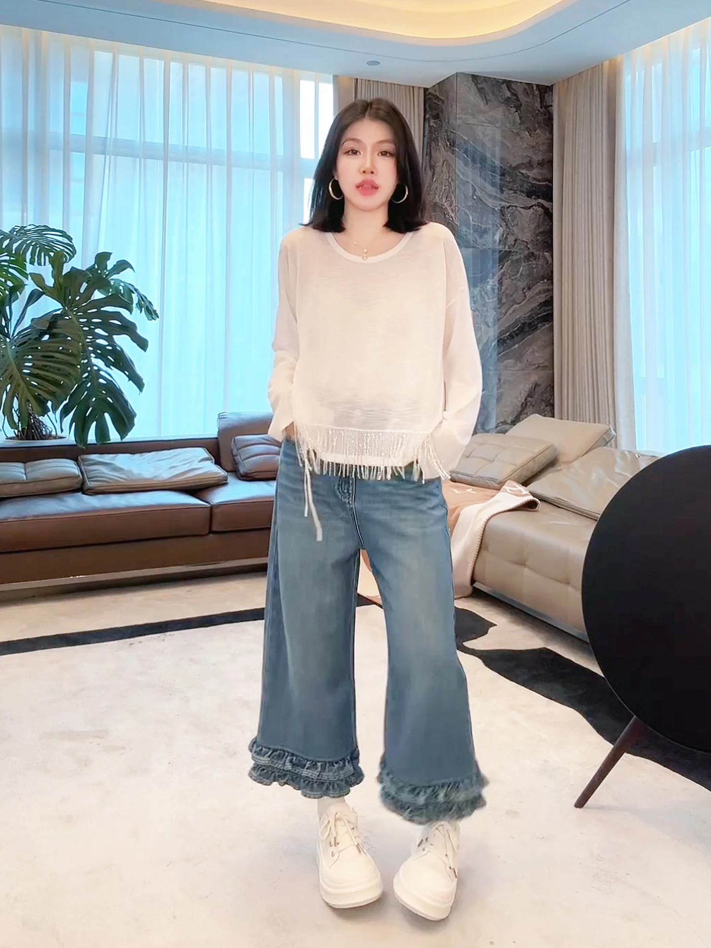 

Faionable Hand-Sewn Mixed Linen Highlight Fringe Knitwear Slimming Long Sve round Ne Regular Length Summer Season Wome...