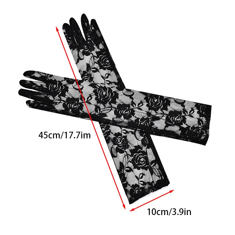 Fashion Retro Black Lace Floral Long Gloves Women Sexy Thin Transparent Elasticity Mesh Punk Wedding Stage Performance Cosplay