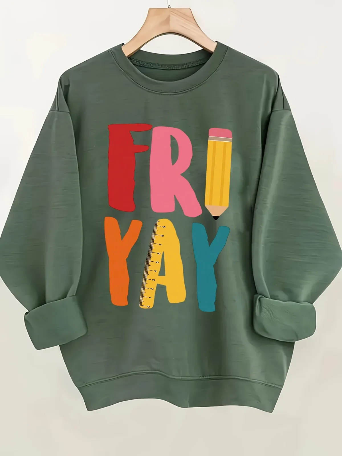 Modischer, lässiger Damen-Kapuzenpullover mit Rundhalsausschnitt, Buchstaben- und Buntstift-Druckmuster, Pullover, täglich, locker und bequem