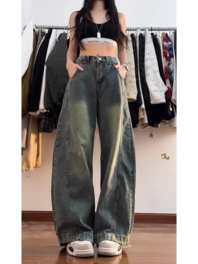 

Мужские джинсы в американском ретро-стиле, синие, широкие, свободные, прямые, повседневные, длинные брюки с высокой талией, на молнии, однотонные, весенние