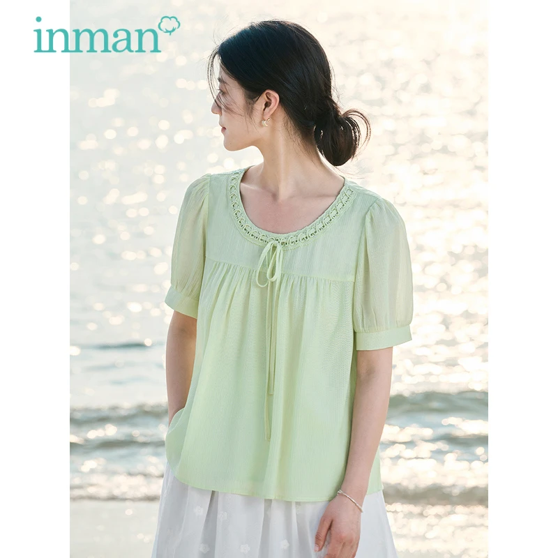 

INMAN женская блузка 2023 летние свободные рубашки с пышными рукавами и u-образным вырезом на шнуровке Дизайнерские повседневные Уникальные топы абрикосового и зеленого цвета