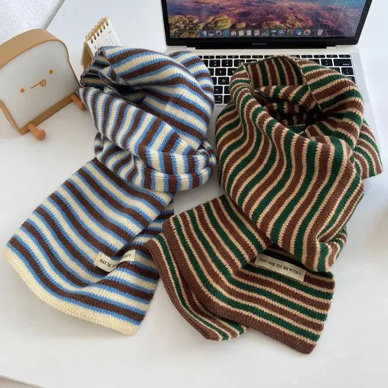 Women Wool Warm Scarves Korean striped Design Thickened Shawl Windproof Soft Cashmere Scarves Neck Warmer Winter Knitted Scarf