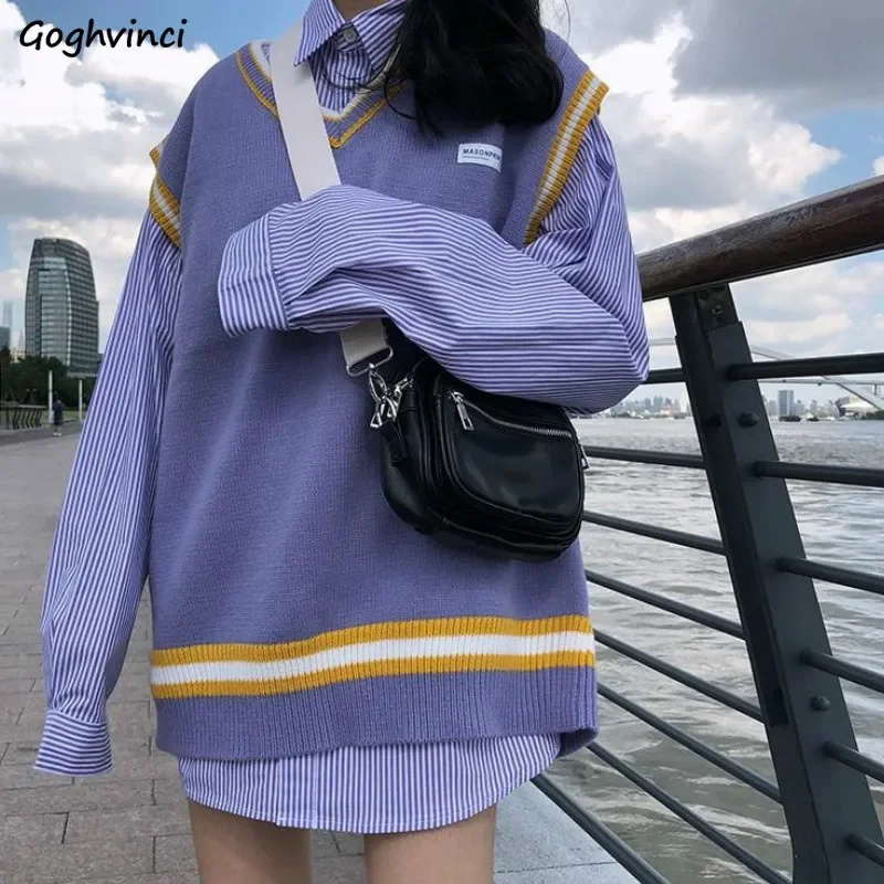 Purple Sweater Vests Women All-match Loose Sweet Spring Korean Preppy Style Knitted V-neck College Chic Casual Ulzzang Fashion