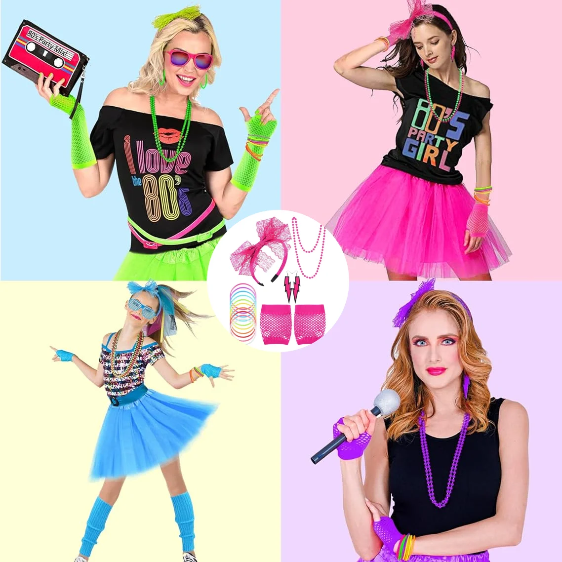 

Комплект одежды в стиле 80-х для девочек: кружевная повязка на голову, неоновые серьги, перчатки-сетка без пальцев, цветные аксессуары. Наряд для вечеринки в стиле ретро 1980-х.