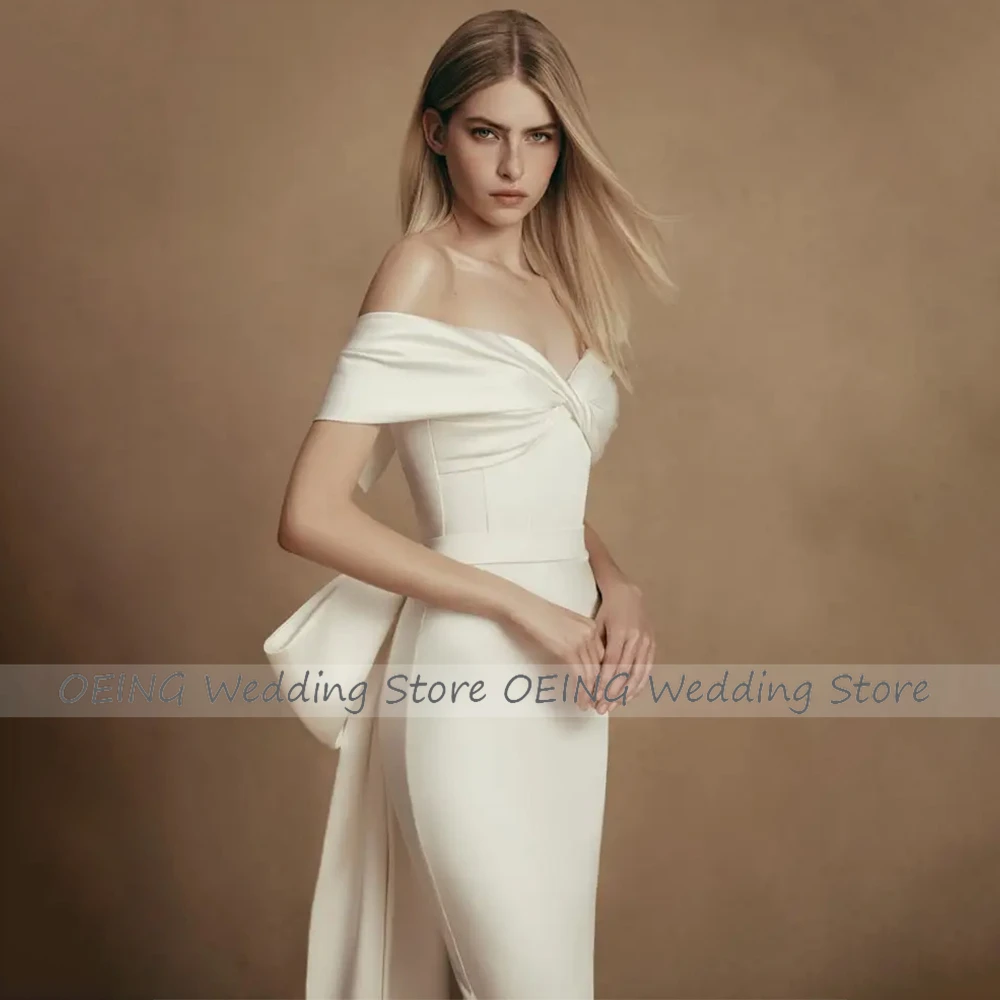 Midi Wedding Dress Simple Off the Shoulder Sheath/Column Wedding Gowns for Women 2023 Bride Detachable Big Bow Civil Bridal Gown