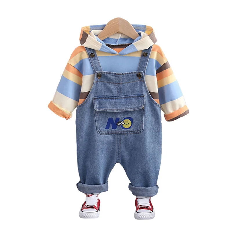 

Autumn Straps Jeans Kids Clothes Sets Clothing for Boys Colorful Striped Hooded Sweater + Pants Outfit Baby Girls Boys 1-5Y