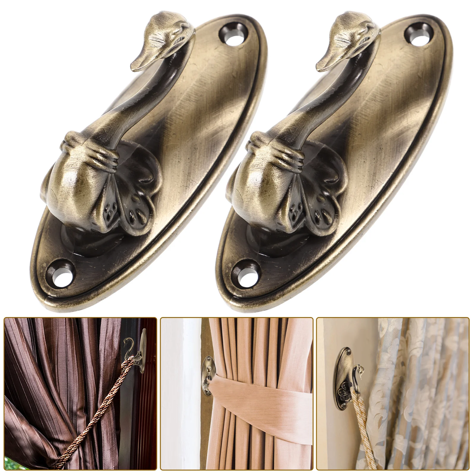 زوج من الستائر المزخرفة البرونزية، أربطة ربط على شكل بجعة لستائر الستائر، خطافات ستائر أنيقة كلاسيكية #2