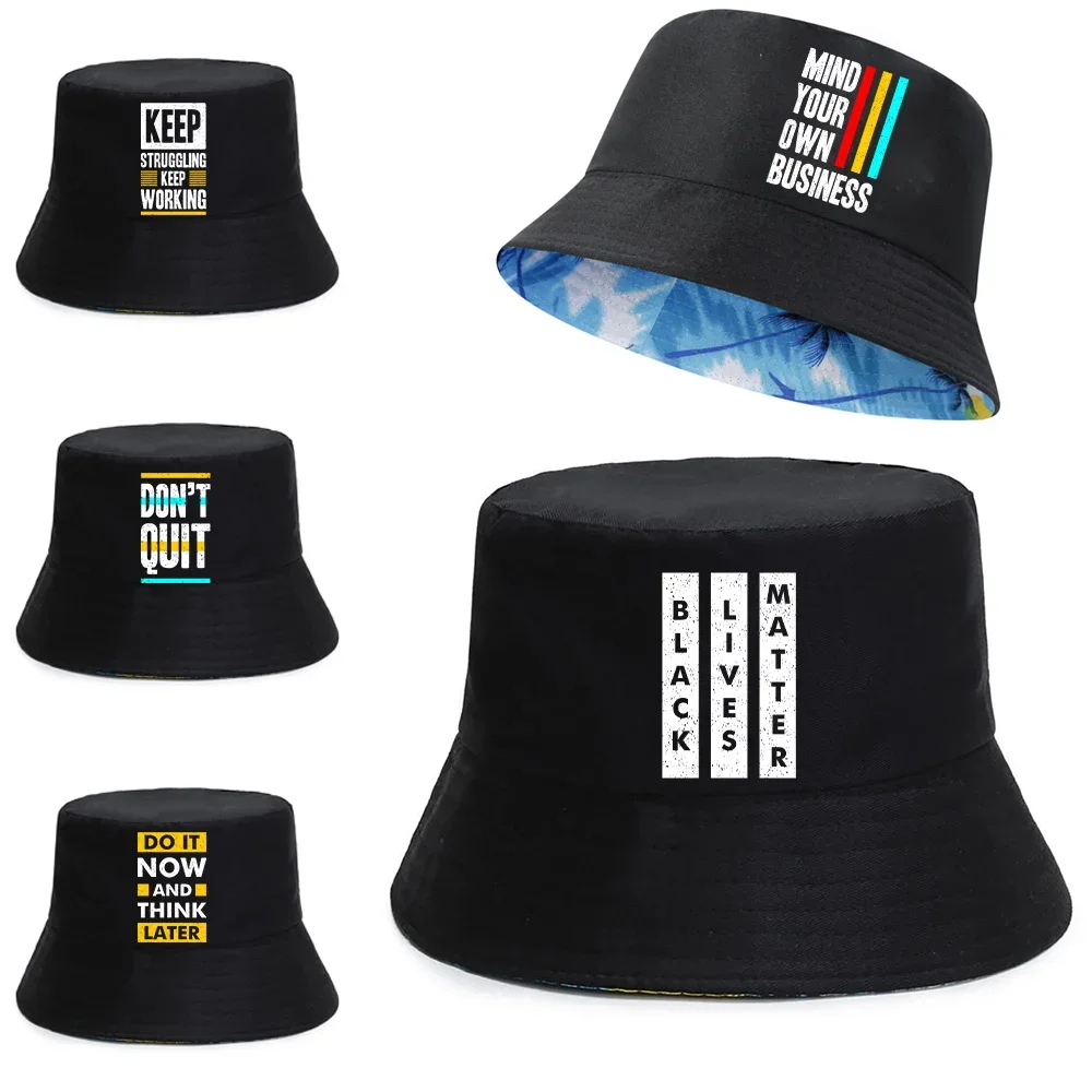 

New Double-sided Fisherman Caps Unisex Summer Outdoor UV-proof Visors Cap Phrase Series Panama Hats Pure Cotton Beach Bucket Hat