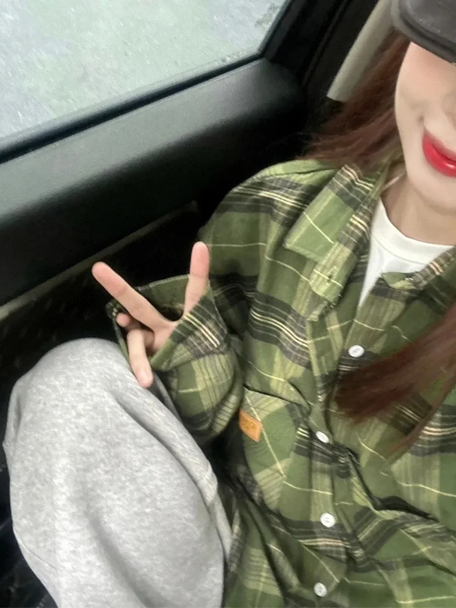 

plus Size 300 Pounds Hong Kong Style Green Plaid Shirt Jacket Women's Outerwear Spring Summer Thin Henry Collar Korean Version