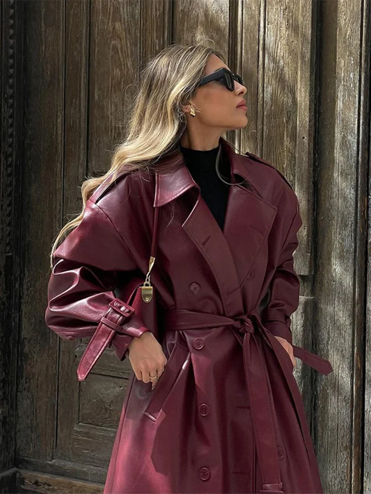 Fashion Burgundy Long Waistband Women's Leather Jacket Double Breasted Full Sleeved Lapel Street Overcoat Autumn New Outerwear