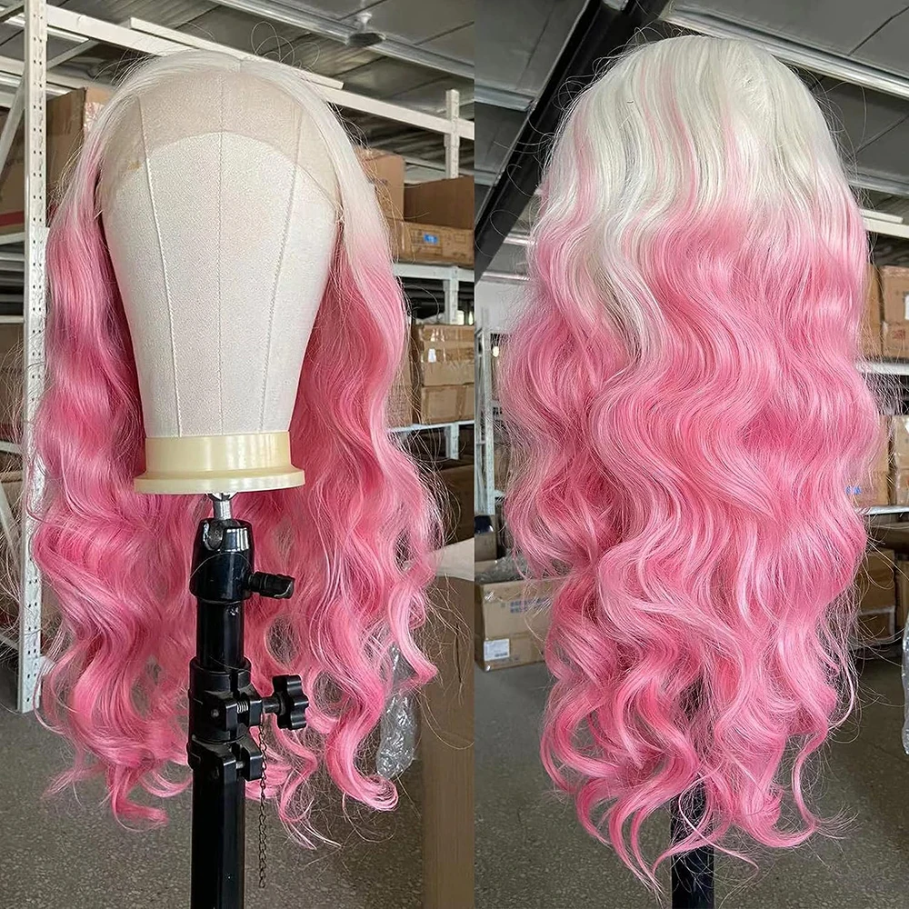 RONGDUOYI Blonde to Pink Ombre Pink Wig Body Wavy Synthetic Lace Front Wig Natural Long Hair Heat Fiber Cosplay Makeup Women Use