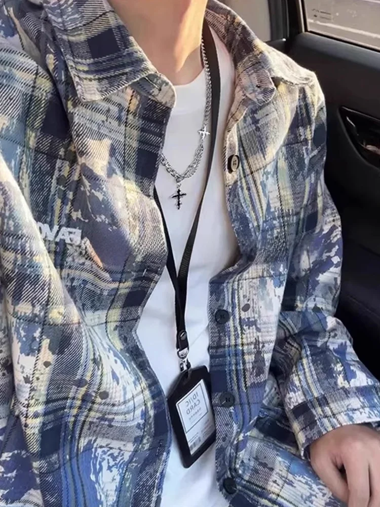 

Blue Tie-Dye Plaid Long Sve Men's irt Autumn Winter Fce Lined Vintage American Sle Couple Outerwear Premium Feeling...