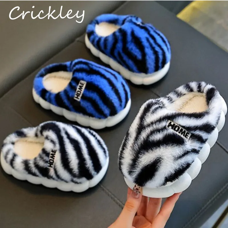 Zebra Printed Kids Slippers Winter Plush Warm Thicken Children Slippers Soft Bottom Home Shoes For Boys Girls
