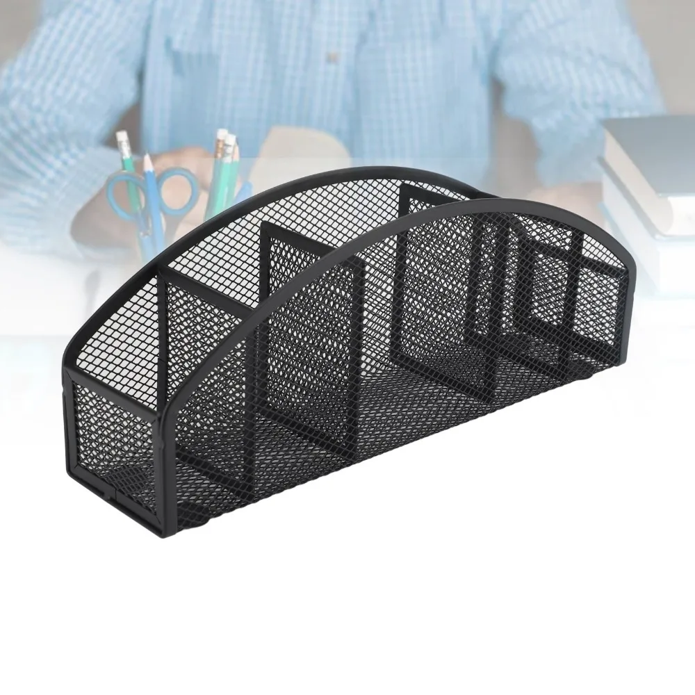 Countertop Holder Black Metal Pen Holder Curved Mesh Desk Organizer 5 Grid Metal Mesh Desktop Caddy Office Supplies