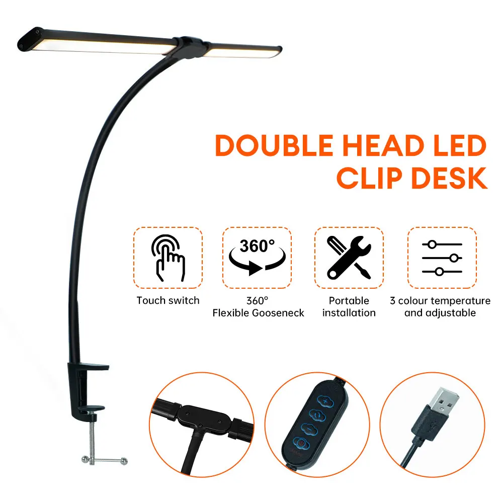 USB Clip on Desk Lamp Double Head LED Reading Light Dimmable Computer Monitor Light Flexible Gooseneck Book Light Eye Protection