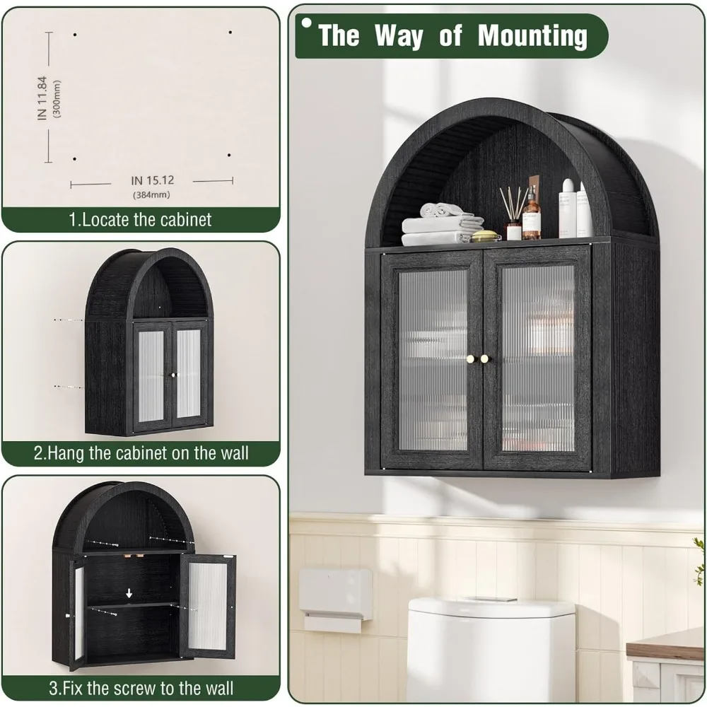 خزانة طبية مقوسة للحمام، وحدة تخزين فوق المرحاض مع أبواب أكريليك بتصميم مموج ورف قابل للتعديل، Roman Sty