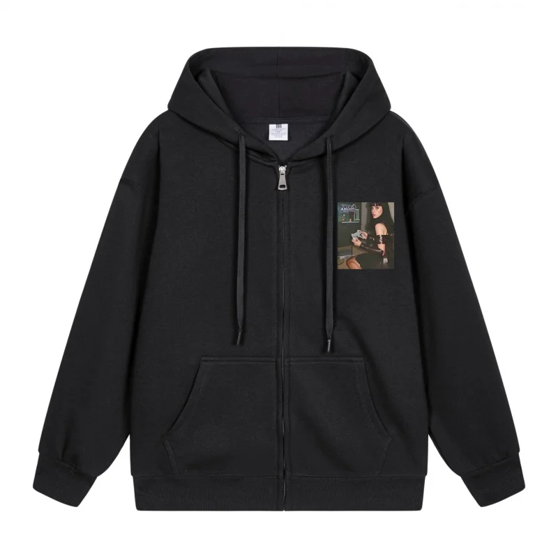 

Men's Zip-Up Hoodie Black Hoodie With Small Print 2025 New Style Casual Couples’ Style Casual and Loose