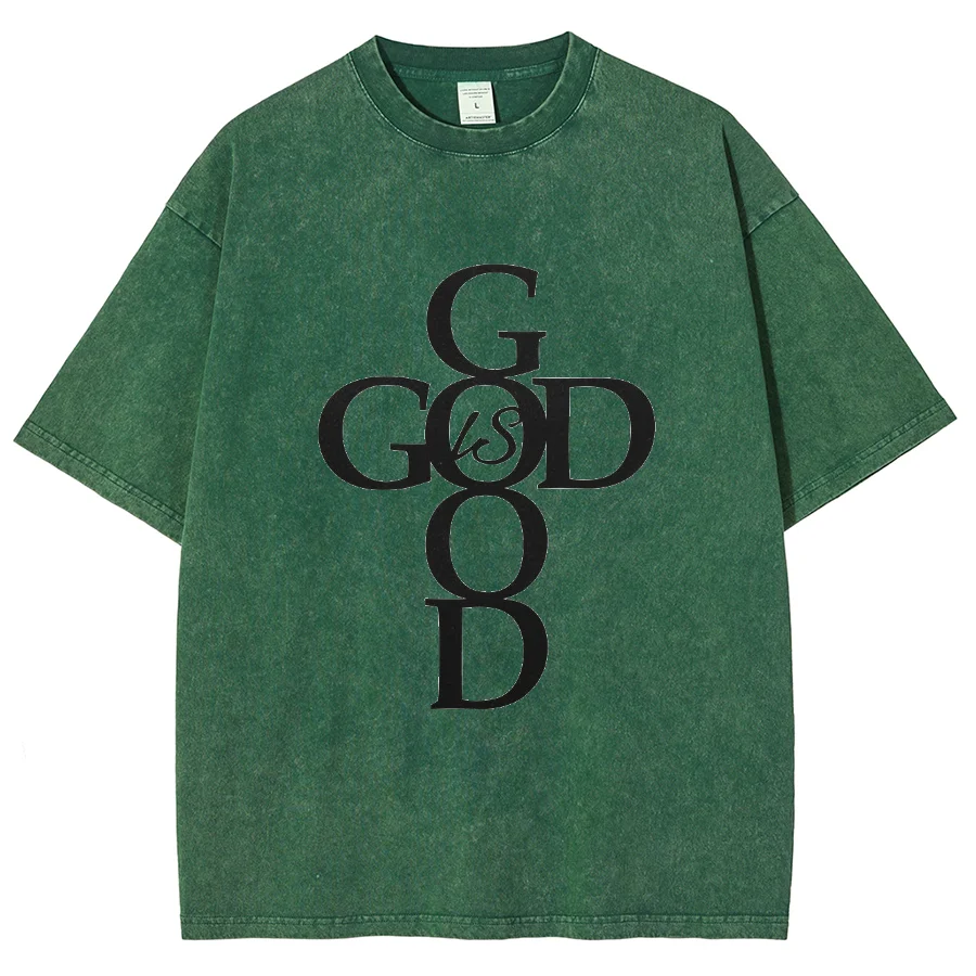 God Is Good Y2k Short Sleeves Washed T-Shirt, Creative Printed Unisex Vintage Streetwear New Fashion Casual Tops Plus-Size