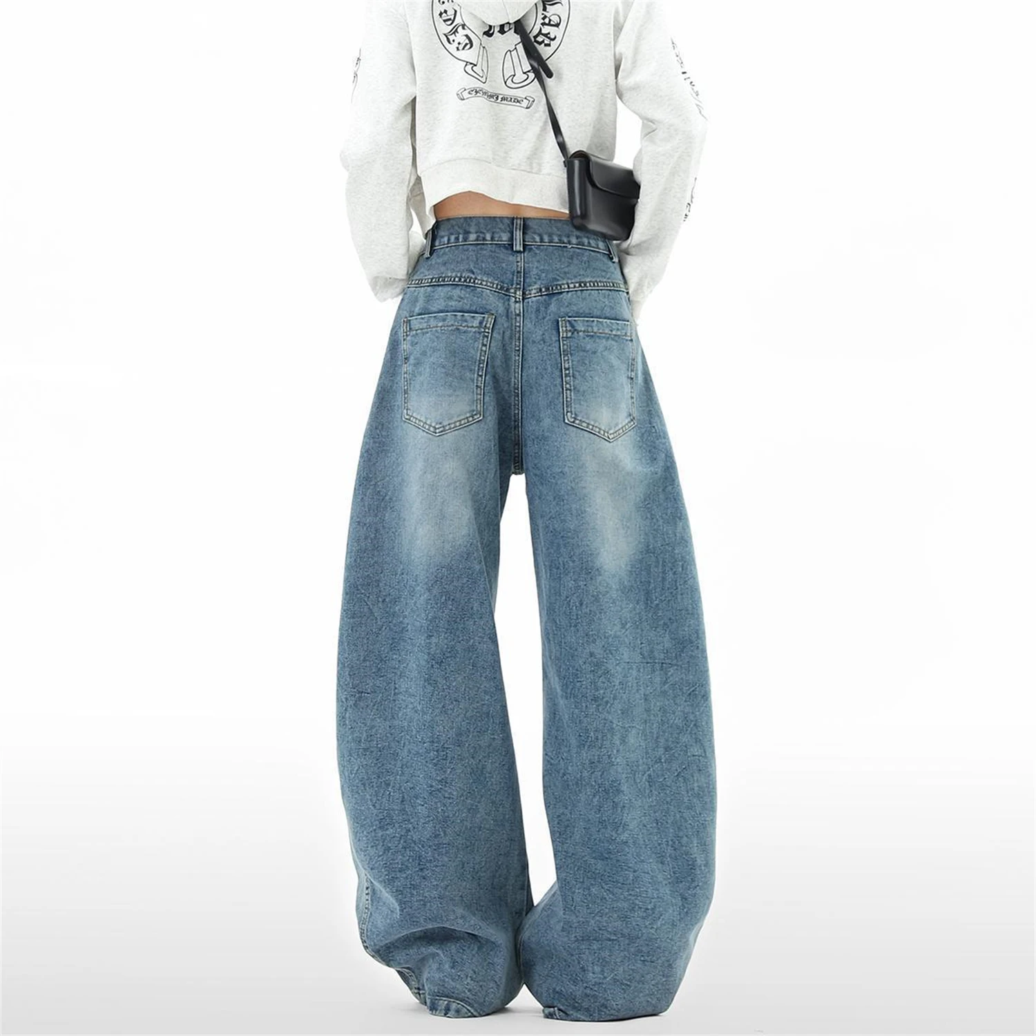 Damen-Jeans mit hoher Taille, weitem Bein, hellblau, Patchwork-Tasche, Buchstabendruck, Vintage-Y2K-Streetwear-Denim-Hose