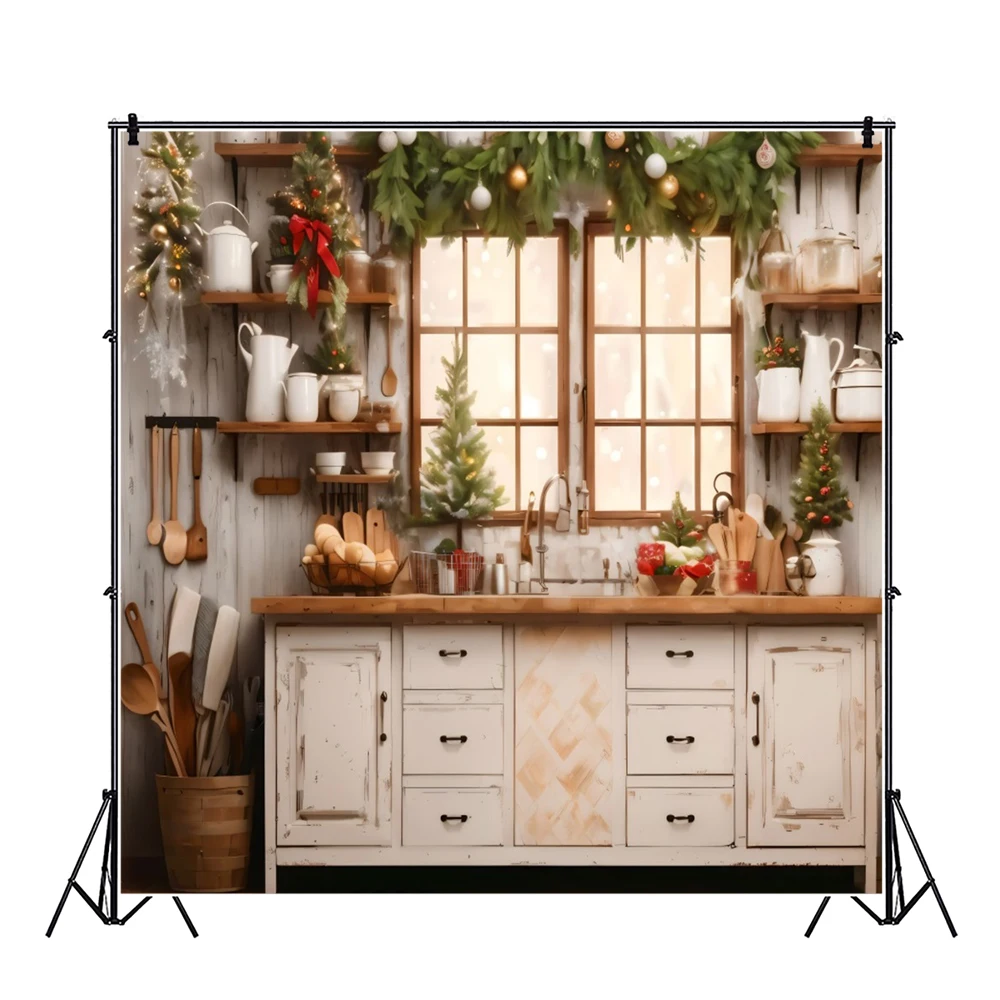 Laeacco Christmas Retro Kitchen Cabinet Background White Wood Pine Needle Cook Indoor Family Party Portrait Photography Backdrop