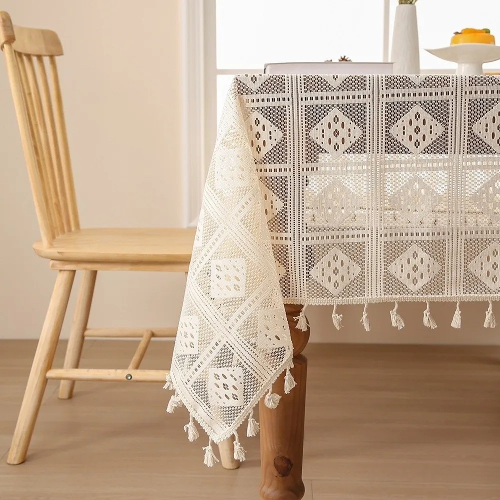 Rectangular Hollowed Out Tablecloth Dust-Resistant Non-Slip Table Cover Cloth Dustproof Checkered Pattern Lace Tablecloth