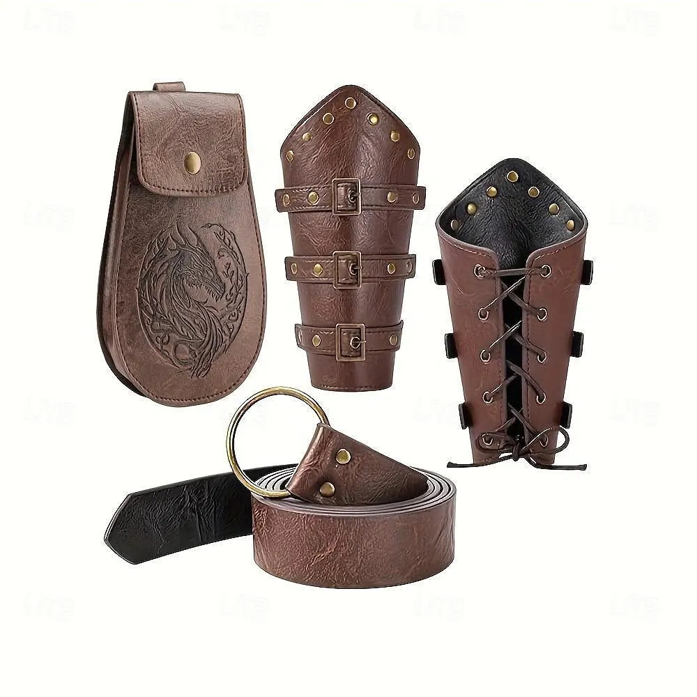 Protetores de pulso de couro medieval com tachas, cinto de bainha de espada de cavaleiro viking, adereços para festa de cosplay de Halloween