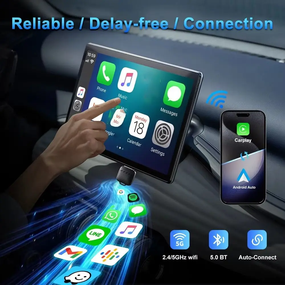 2 in 1 Wireless Android Auto Adapter Wireless Plug & Play Wireless Carplay Adapter Intelligent Systems Convert Wired To Wireless