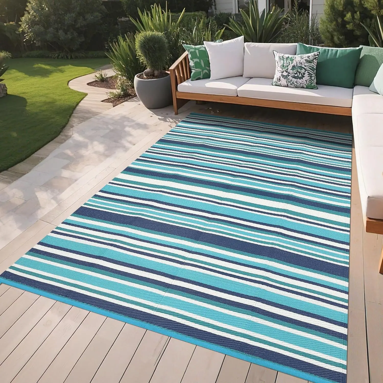 

9x12 Large Outdoor Rug Waterproof for Patio Plastic Straw Rug Geometric Stripe Outside Carpet Modern Lines Outdoor Rugs for D
