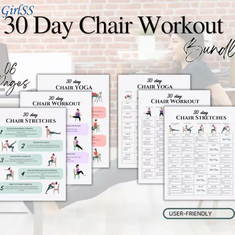 6Pcs Yoga Chair Workout Charts 30 Day Chair Exercises Plan Poster For Travel Morning Working Family Friend Sports T4MB