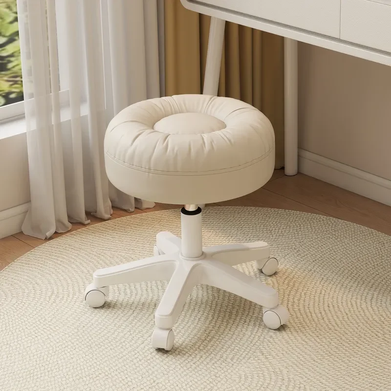 Cream Round Makeup Stool Adjustable Height Vanity Chair for Bedroom Dressing Table Small Apartment Beauty Salon Home Use
