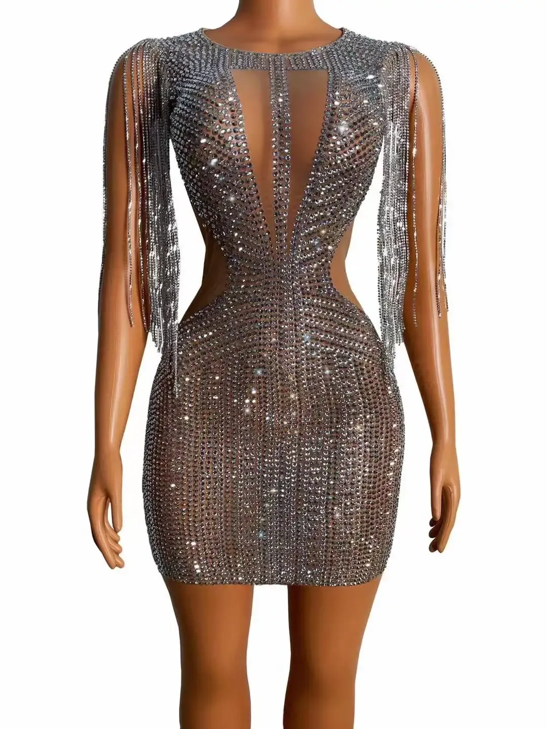 

Sparkle Rhinestones Sleeveless Fringe Women Short Mini Dress Sexy Birthday Drag Queen Outfit Homecoming Nightclub Prom Costumes