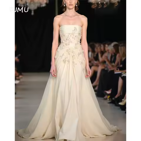 Customized Evening Dress Delicate Chiffon Luxury Strapless Sleeveless Prom Dresses Temperament Flowers Bridal Party Gowns