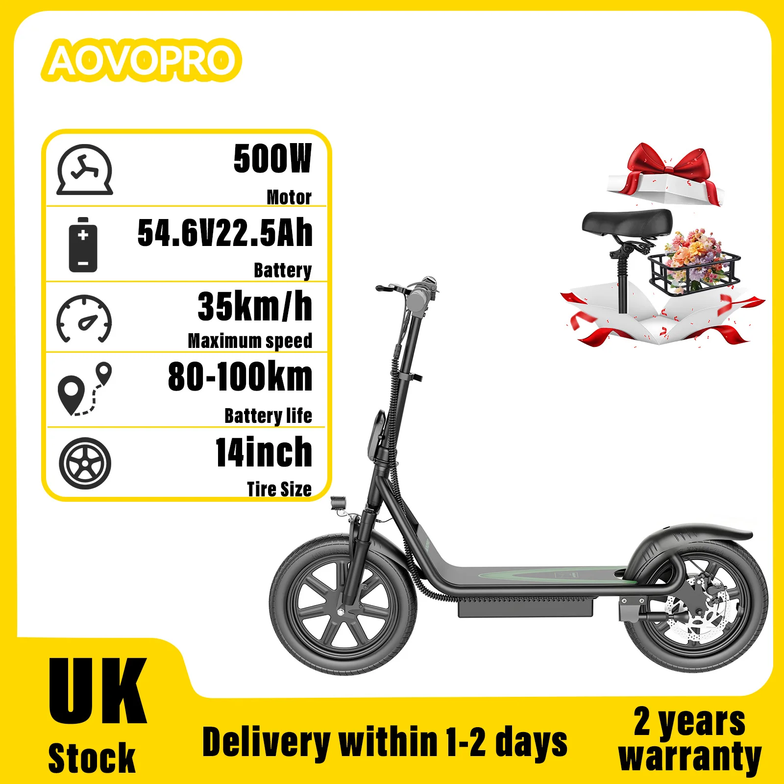 AOVOPRO 500W Electric Scooter 10.4/22.5Ah Battery Battery life 45/100km Speed 35km/h Pet-Friendly Electric Scooter With Basket