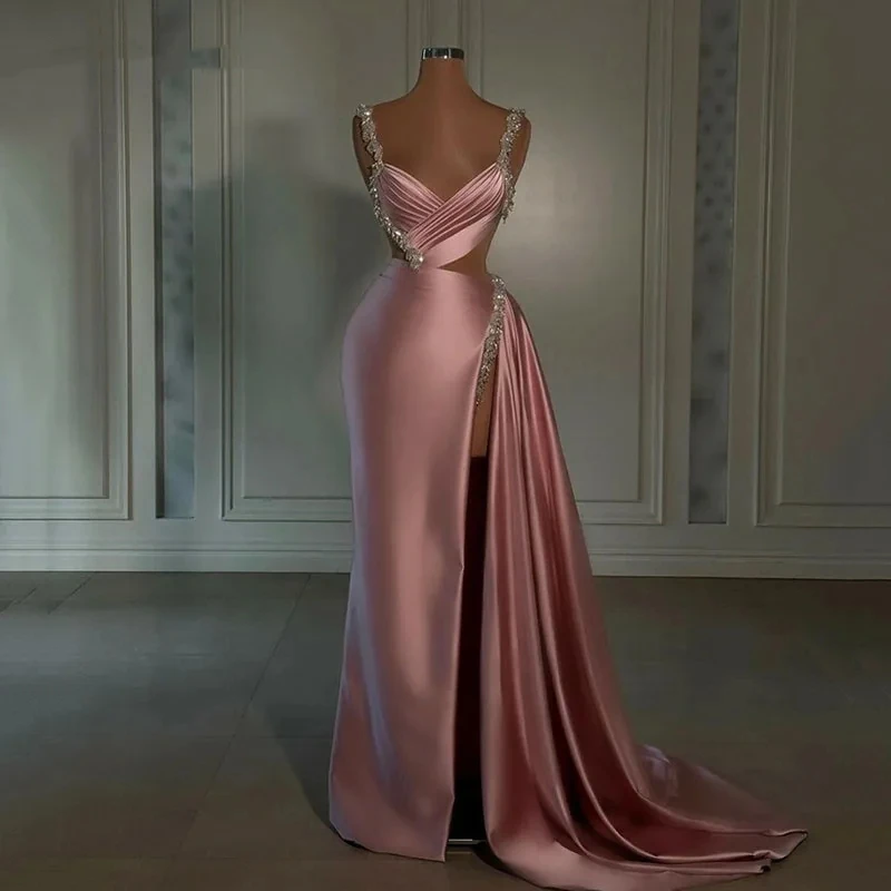 Rose Pink Satin Mermaid Formal Evening Dress Beads Spaghetti Straps Prom Dresses robe de soirée Sexy Side Split Party Gown