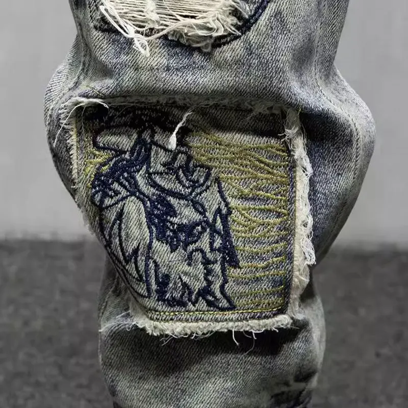 Street Fashion Men Jeans Retro Washed Blue Stretch Slim Fit Ripped Jeans Men Embroidery Patched Designer Hip Hop Denim Pants