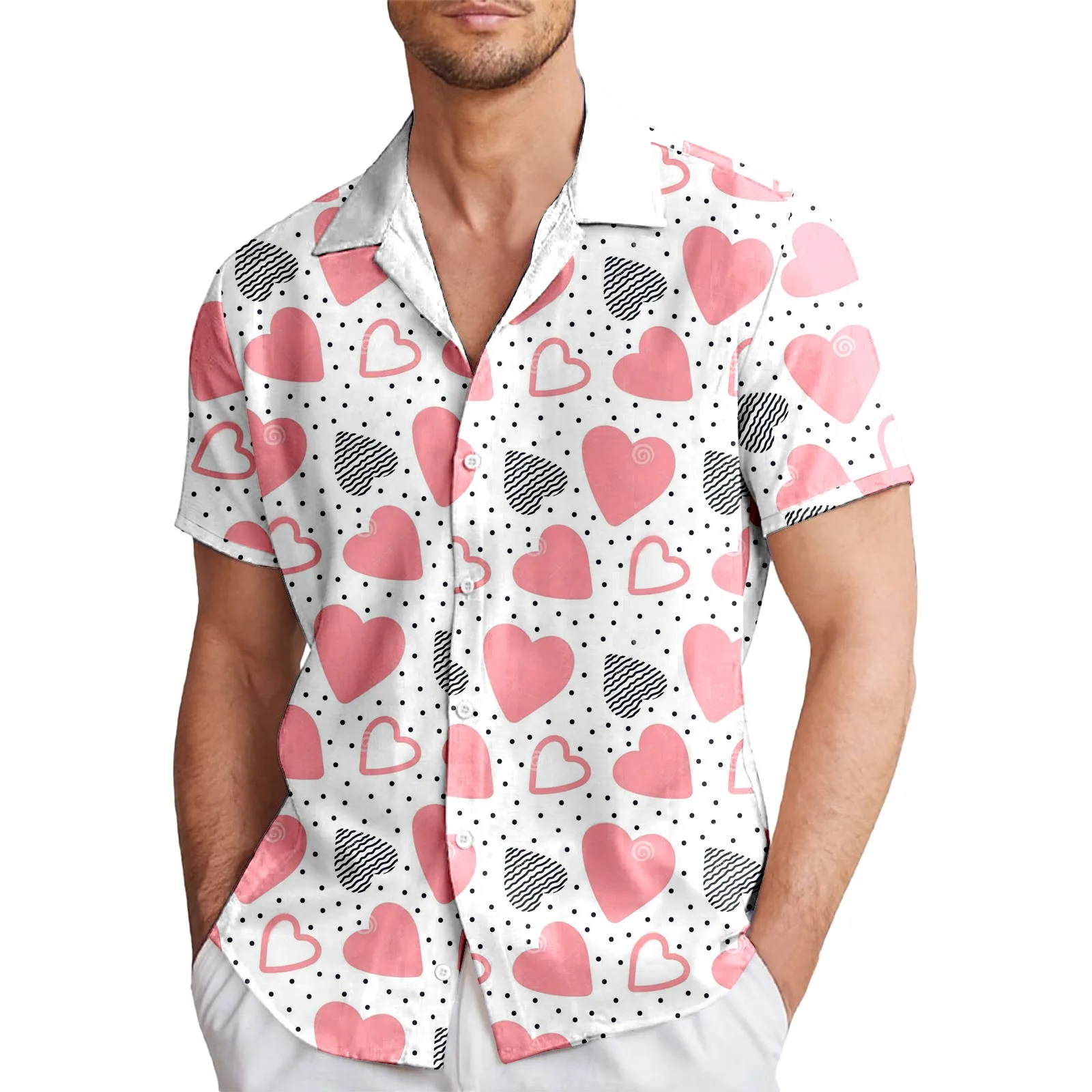 Valentine's Style Vacation Shirt Heart Shape Hawaiian Casual Shirts Men Fashion Blouses Short Sleeve Male Clothing Size S-XXXL